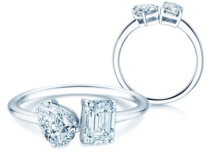 Verlobungsring Toi et Moi Pear & Emerald in 14K Weißgold mit Labordiamanten 0,30ct E/VS